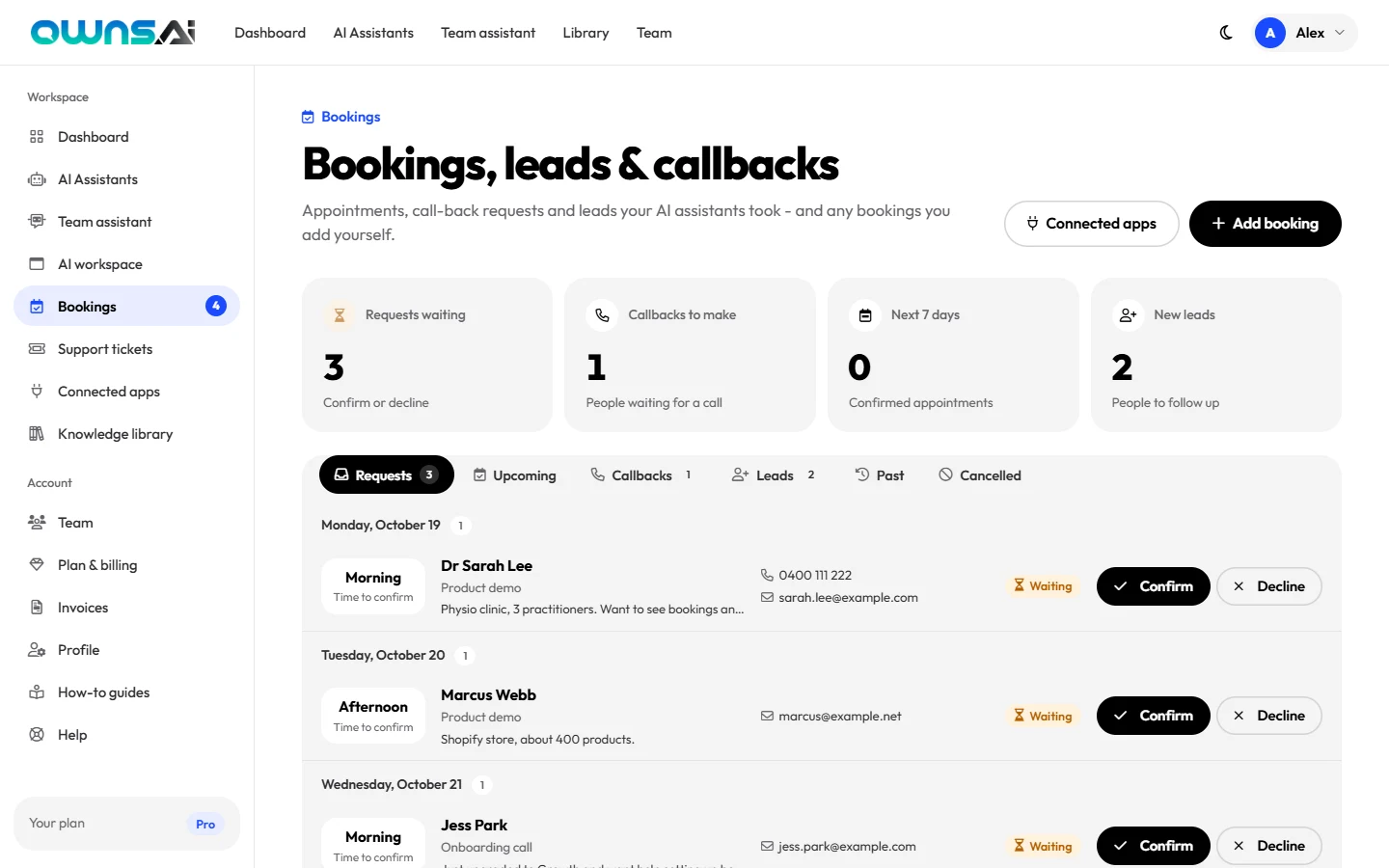 The Bookings page with requests waiting, callbacks, and Confirm and Decline buttons