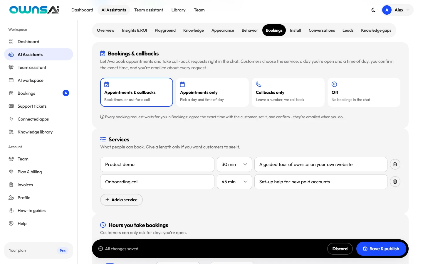 Booking settings: what it can take, and the services list