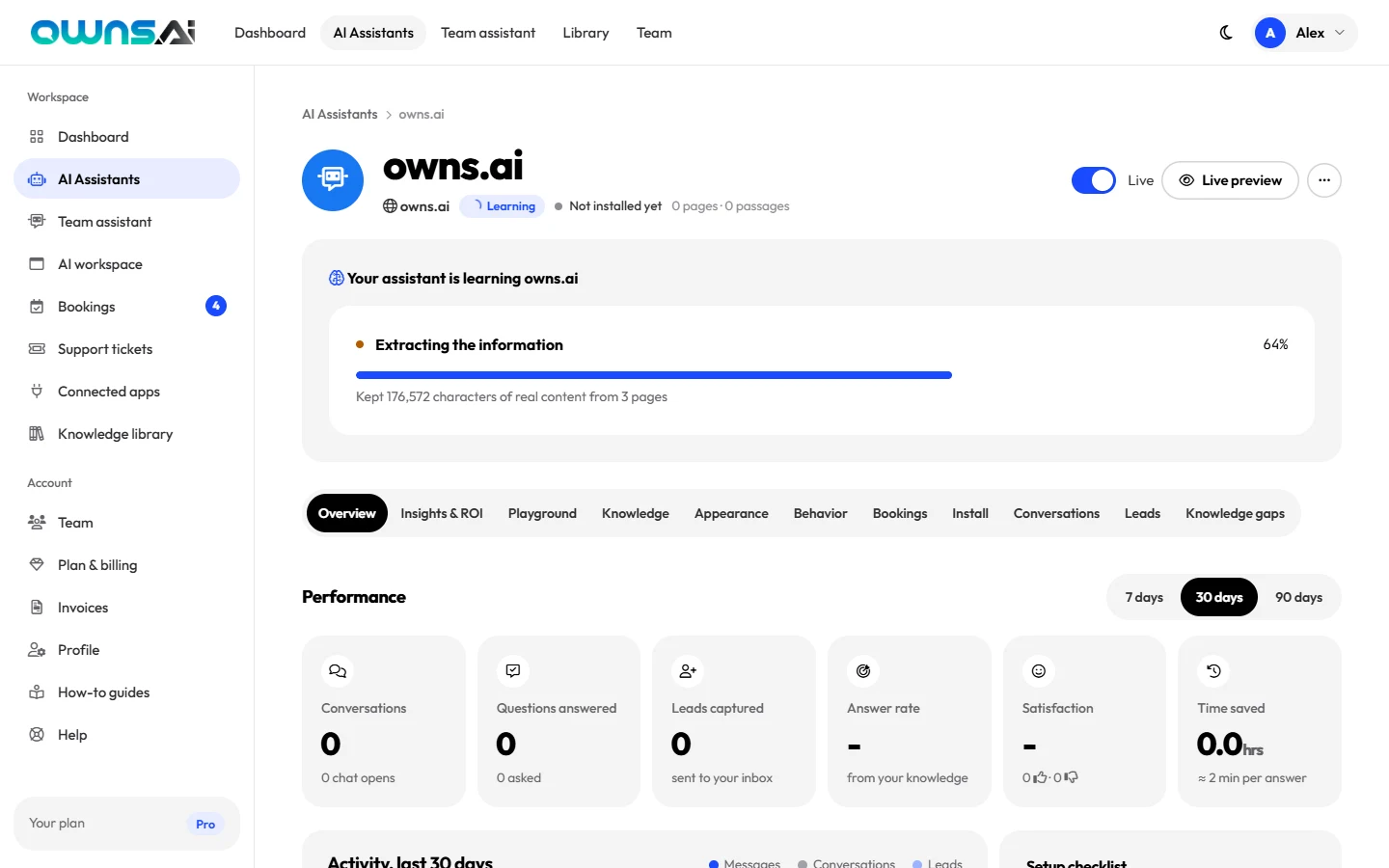 An assistant learning a website, with a progress bar at 64 percent