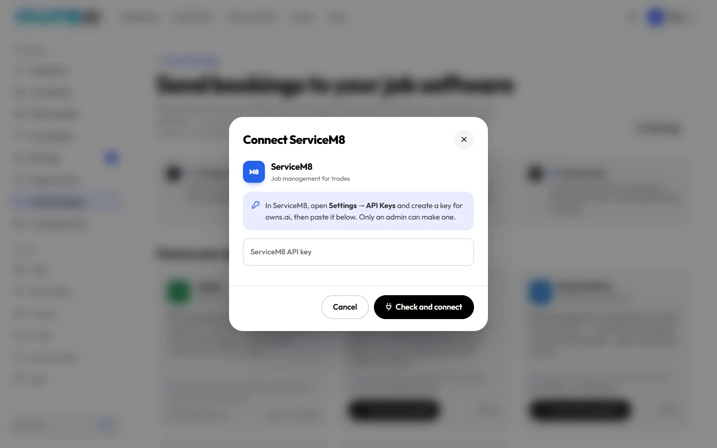The Connect ServiceM8 dialog asking for an API key