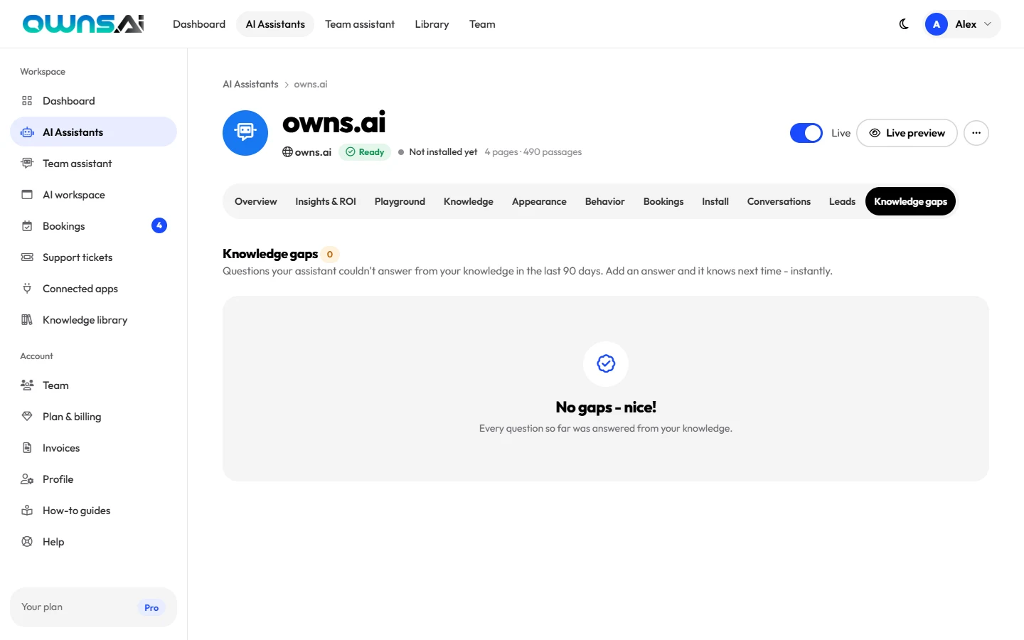 The Knowledge Gaps tab showing no gaps