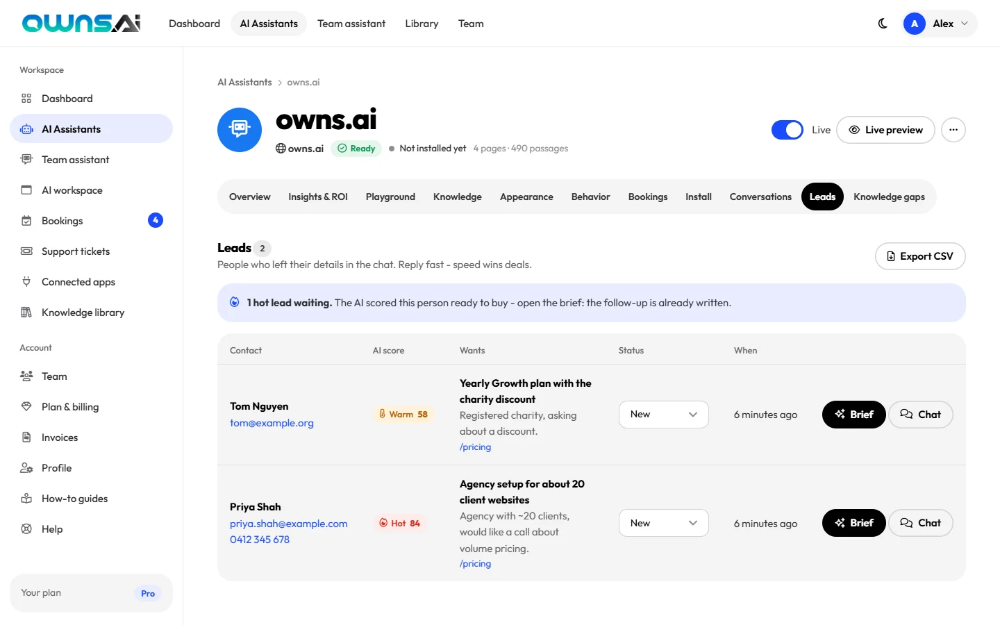 The Leads tab with two leads, their details, page, status and the Chat button