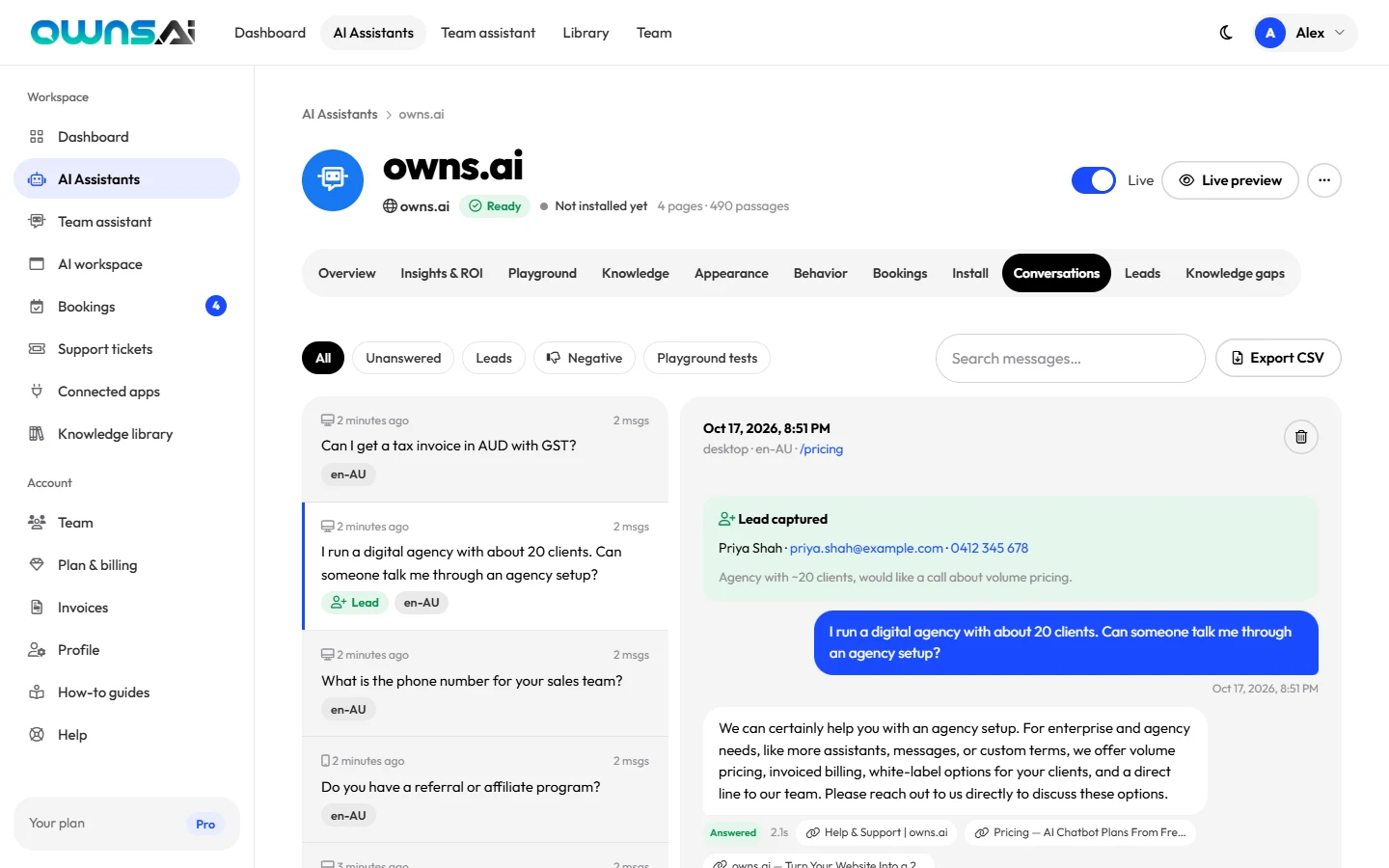 The Conversations tab with a list of chats and one transcript open, showing a captured lead and the sources of an answer