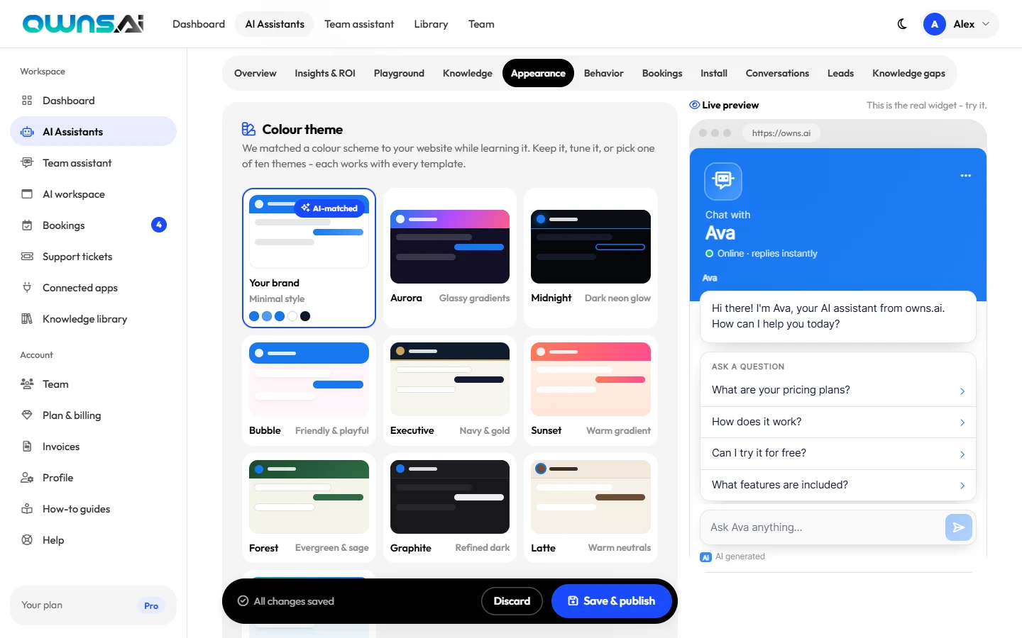 Colour theme cards including Your brand, Aurora and Midnight
