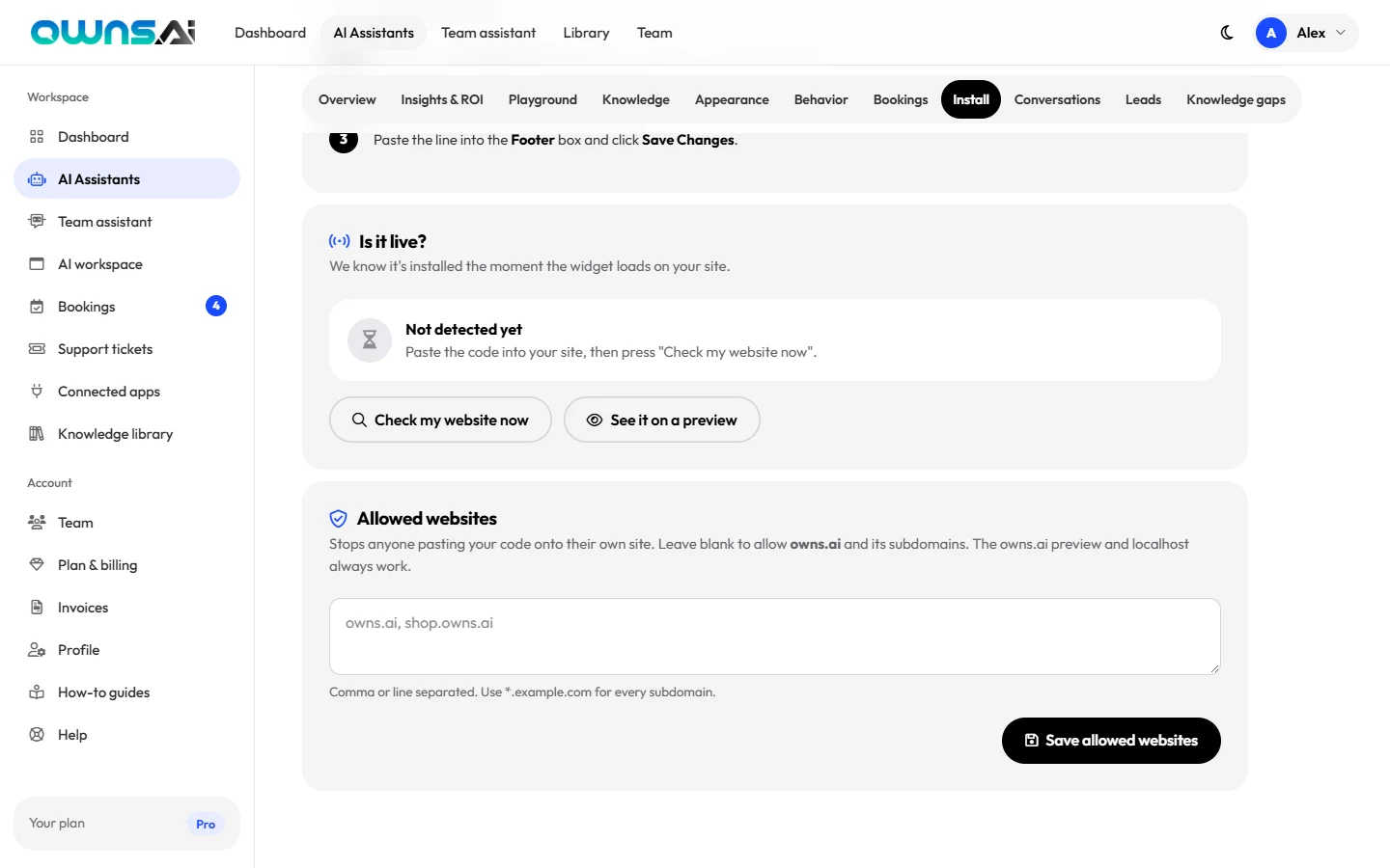 The Is it live card and the Allowed websites setting