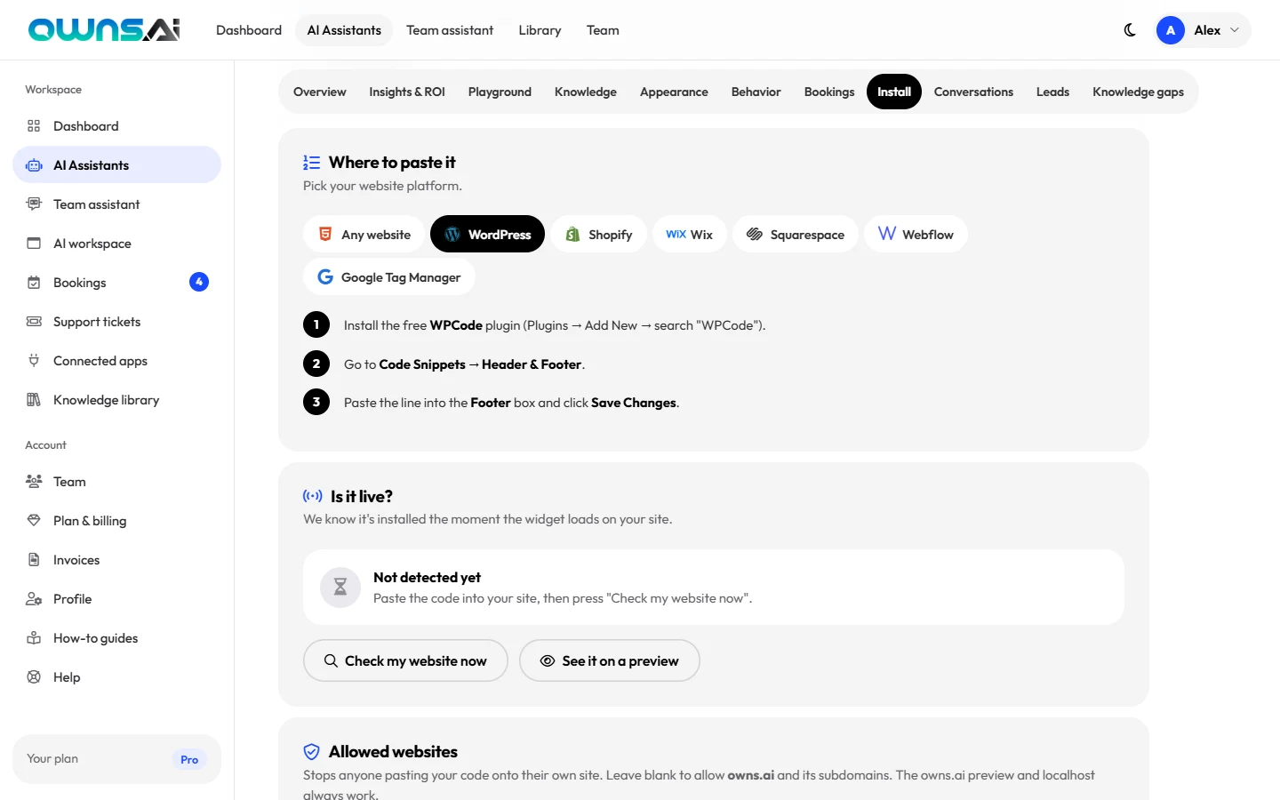 WordPress install steps shown on the Install tab