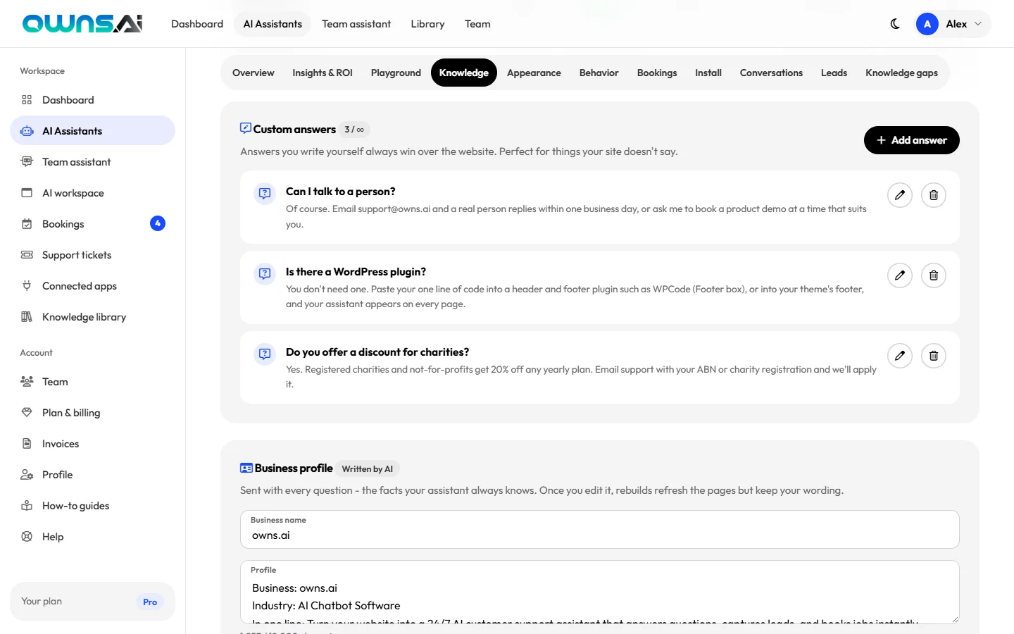 A list of custom answers with edit and delete buttons