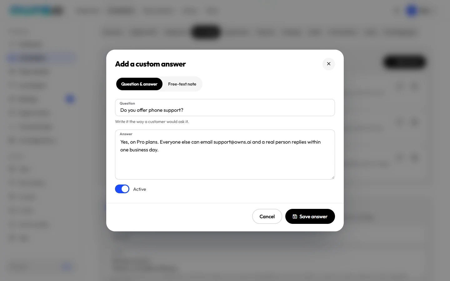 The Add a custom answer dialog with a question and an answer filled in