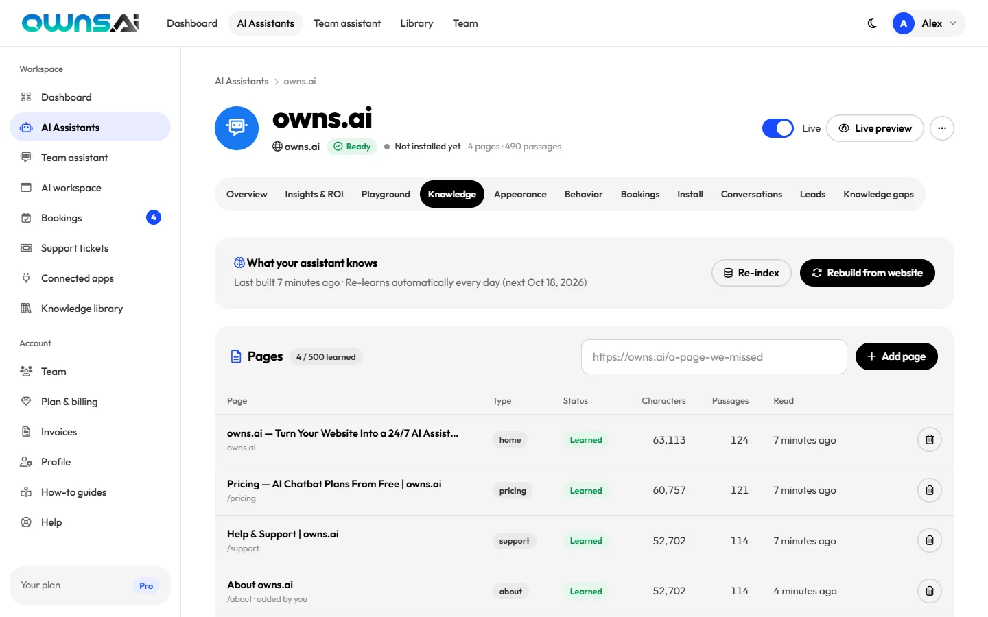 The Knowledge tab listing learned pages with their type, status and passages
