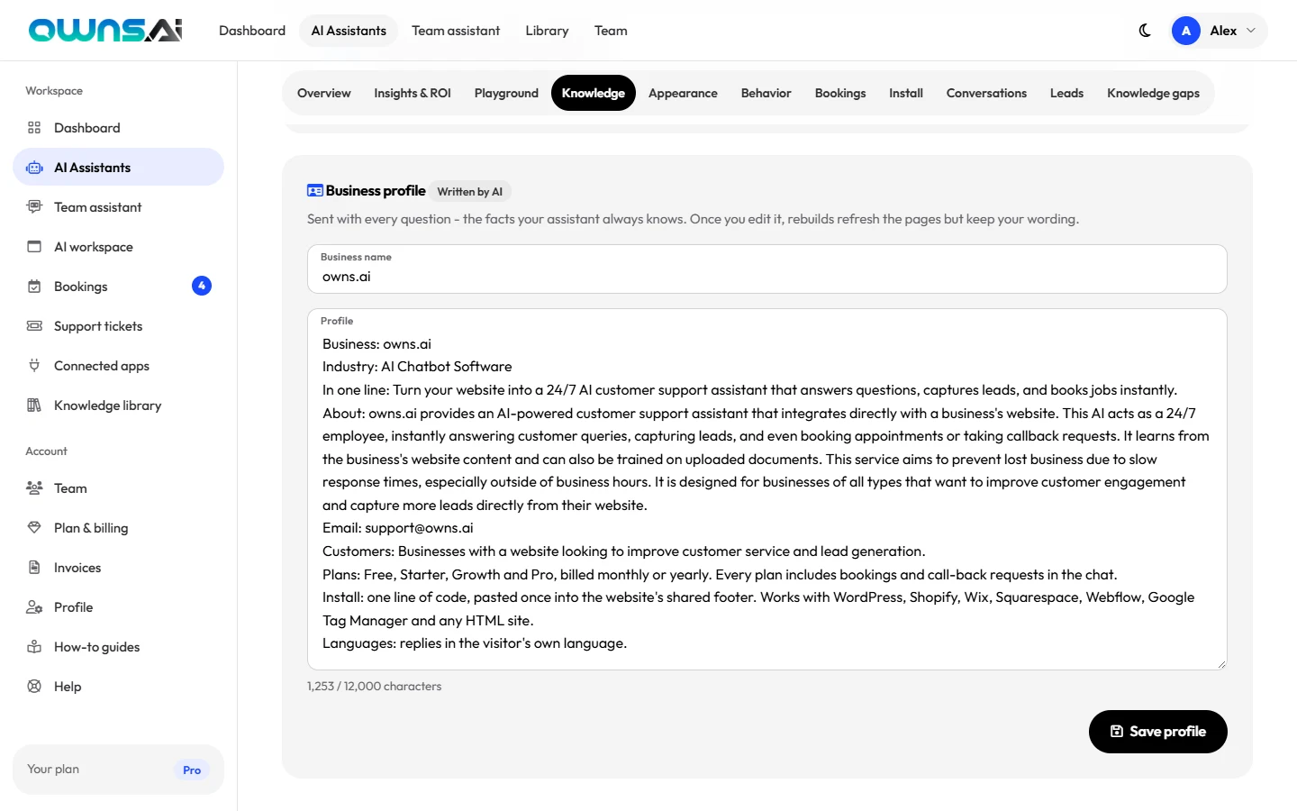 The business profile editor with the business name and profile text