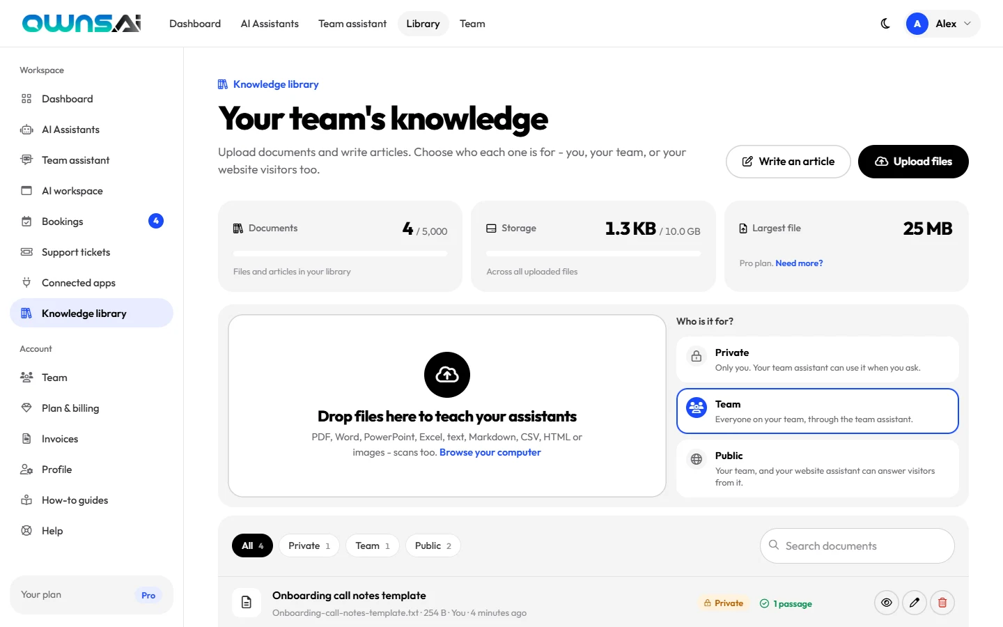 The Knowledge library page header with document, storage and file size limits