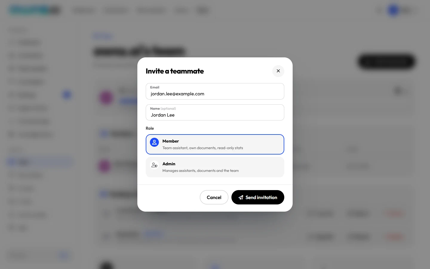 The Invite a teammate dialog with an email, a name and the Member and Admin roles