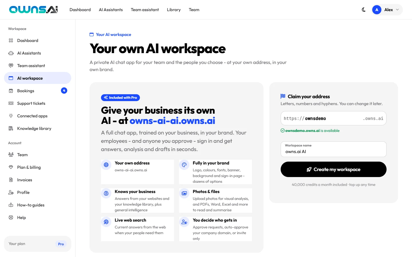 Claiming a workspace address that shows as available, with the workspace name