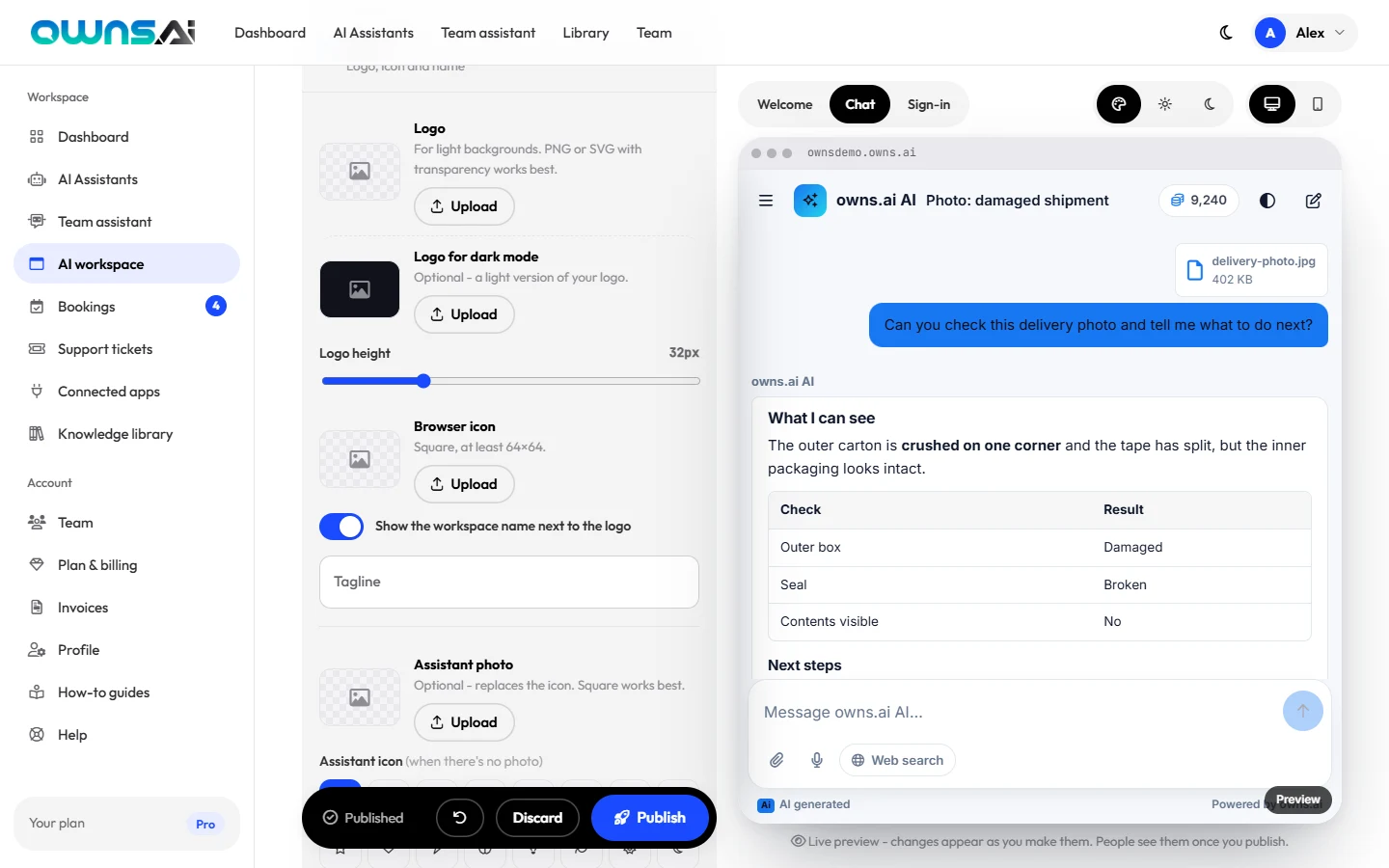Brand settings in the studio, and the chat preview showing credits and the web search option