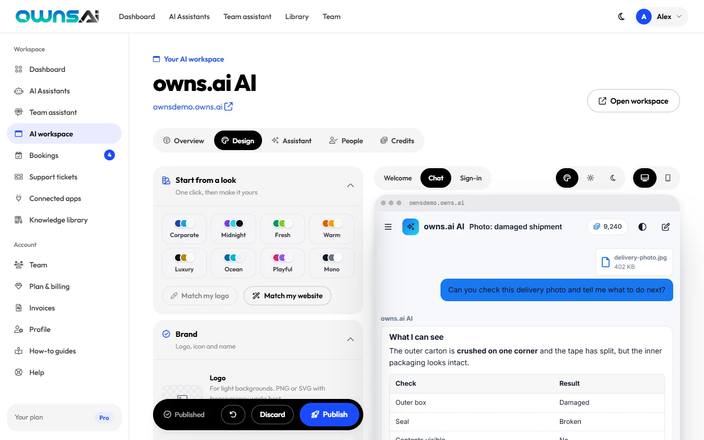 The workspace design studio with look presets and a live preview of the chat app analysing a delivery photo